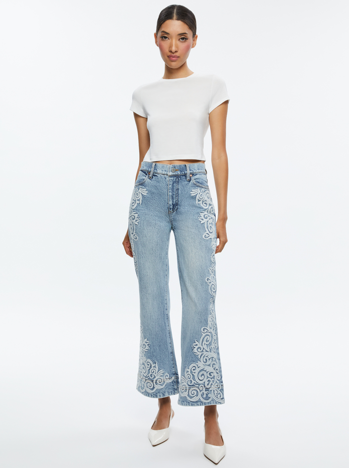 BEAUTIFUL EMBROIDERED CROPPED BELL JEAN - ROCKSTAR BLUE image 2 - Alice And Olivia
