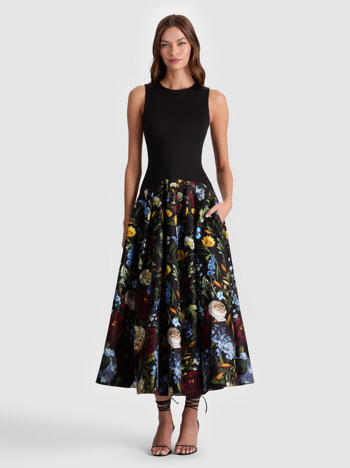 ADLEY DROP WAIST MIDI DRESS - SOCIAL HOUR BLACK - Alice And Olivia