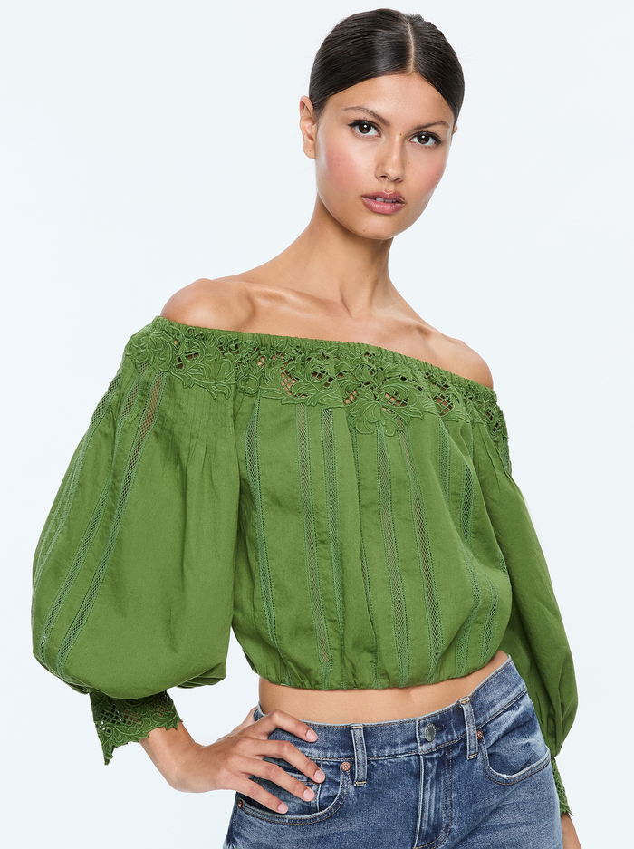 NAN EMBROIDERED OFF THE SHOULDER BLOUSE - AVOCADO - Alice And Olivia