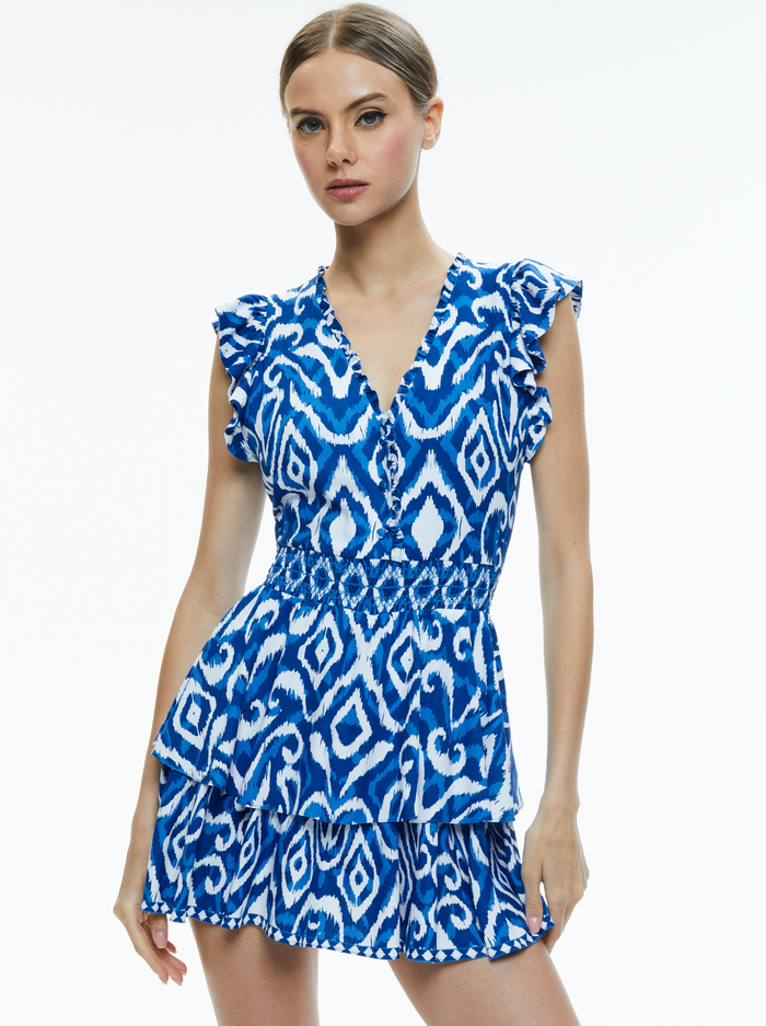 Syrla V Neck Ruffle Romper In Artisan Ikat French Blue | Alice + Olivia