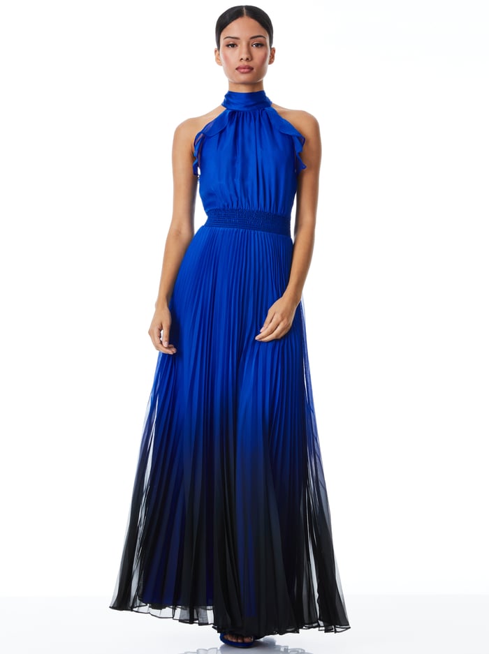 DITA BOW NECK OPEN BACK PLEATED MAXI DRESS - WINTER OMBRE ROYALTY - Alice And Olivia