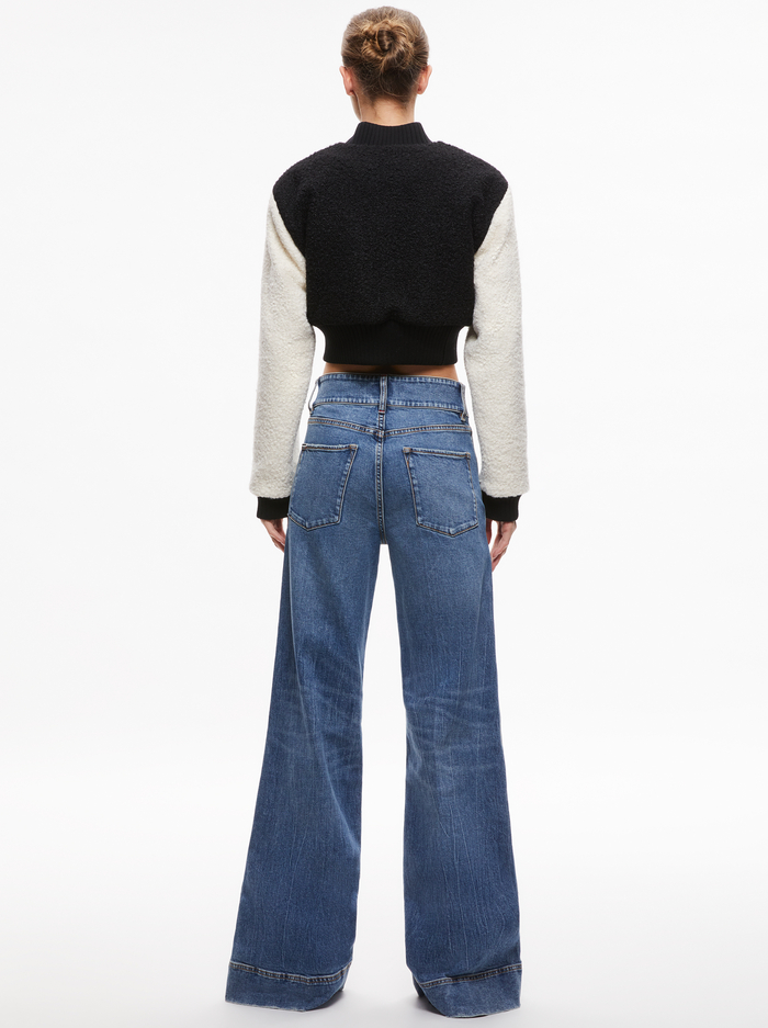 FELISA FUZZY KNIT CROPPED VARSTY JACKET - BLACK/ECRU image 1 - Alice And Olivia