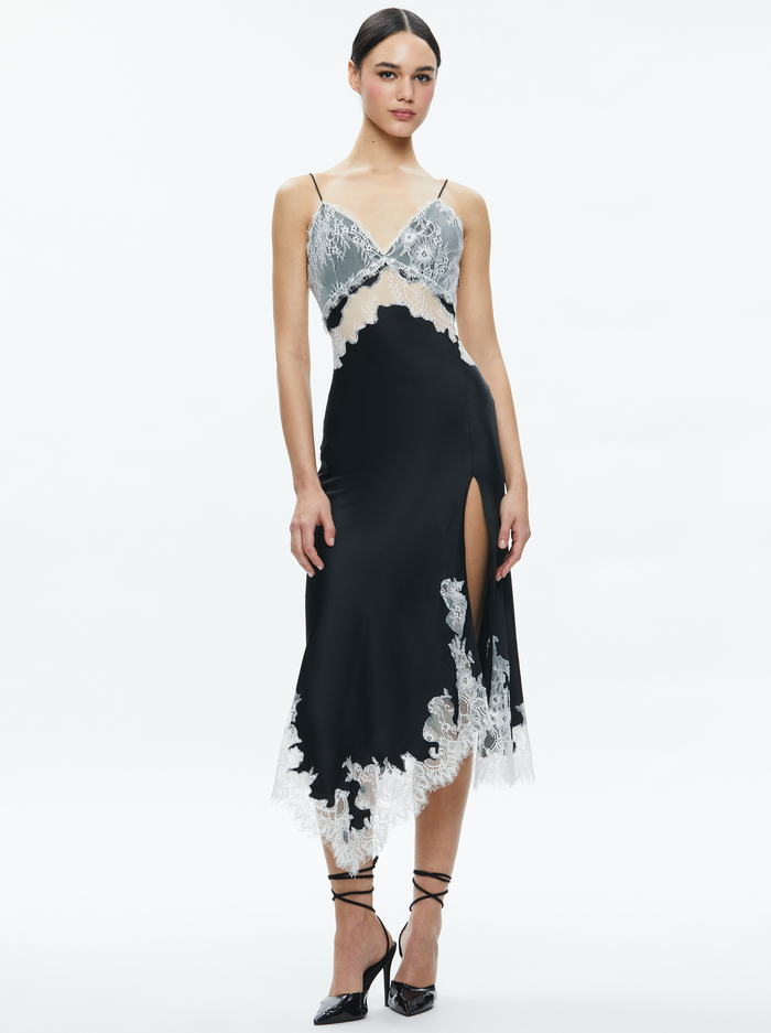 DAPHNE LACE ASYMMETRICAL SLIT MIDI DRESS - BLACK/OFF WHITE image 4 - Alice And Olivia