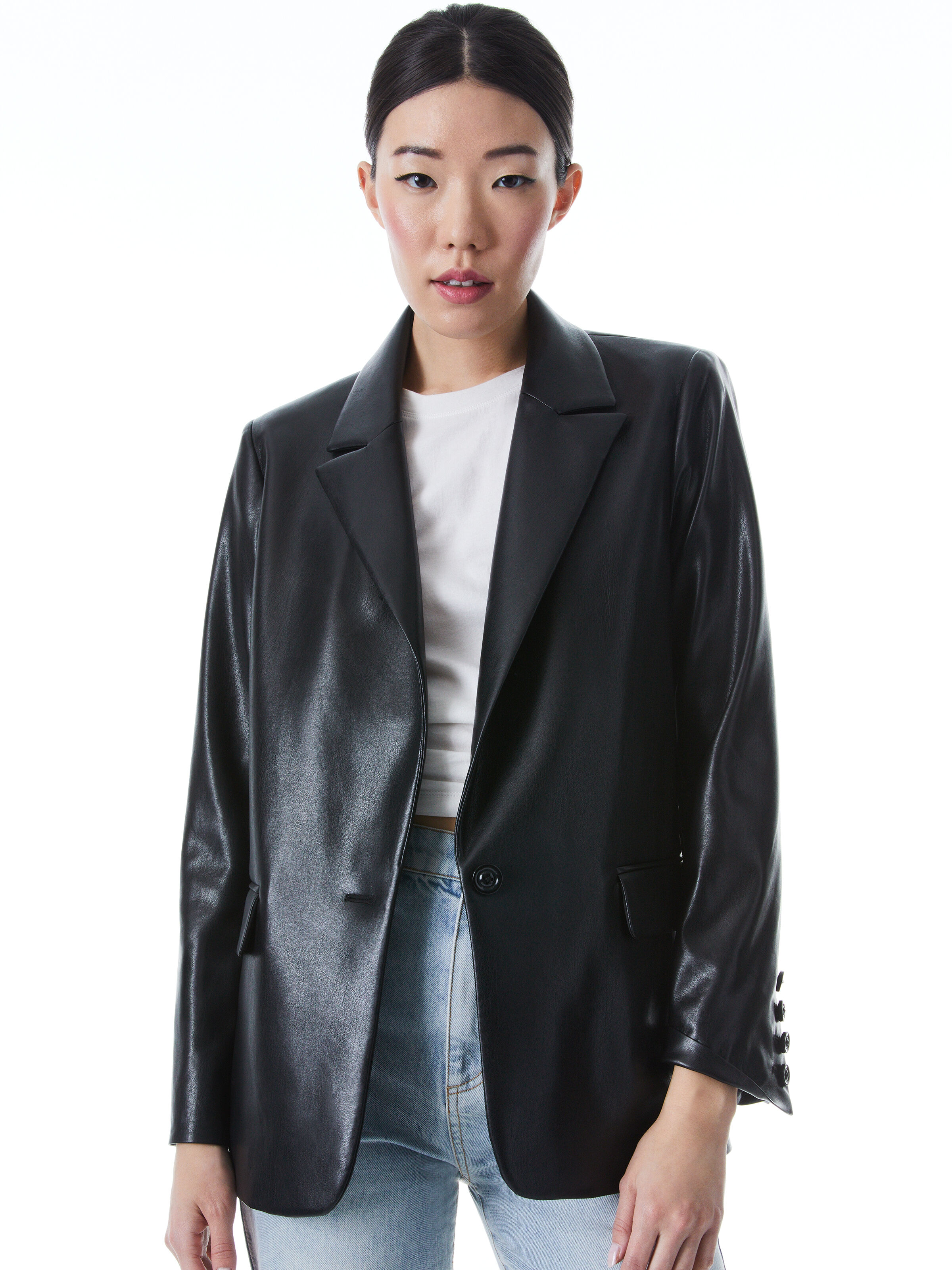Denny Vegan Leather Notch Collar Blazer In Black Alice And Olivia