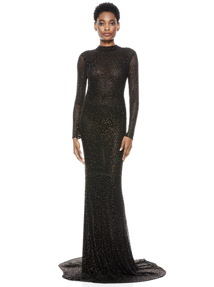 Delora Embellished Gown In Black Dark Brown Alice And Olivia