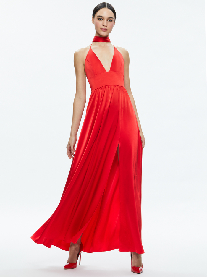 HANNAH HALTER MAXI DRESS - BRIGHT RUBY - Alice And Olivia