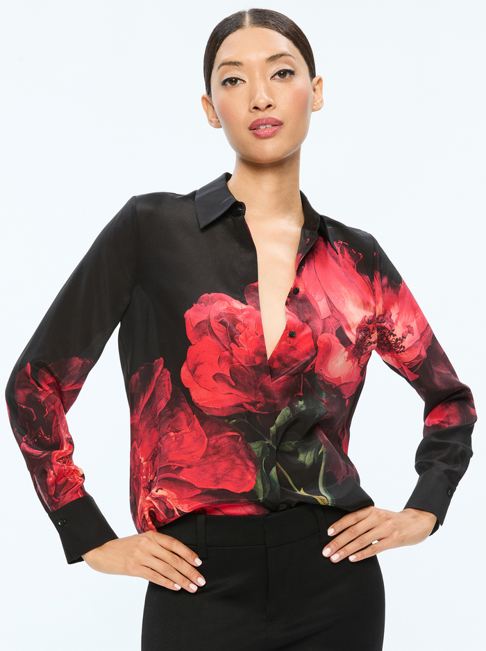BRADY SLIM BUTTON DOWN - PEONY PETALS BRIGHT RUBY - Alice And Olivia