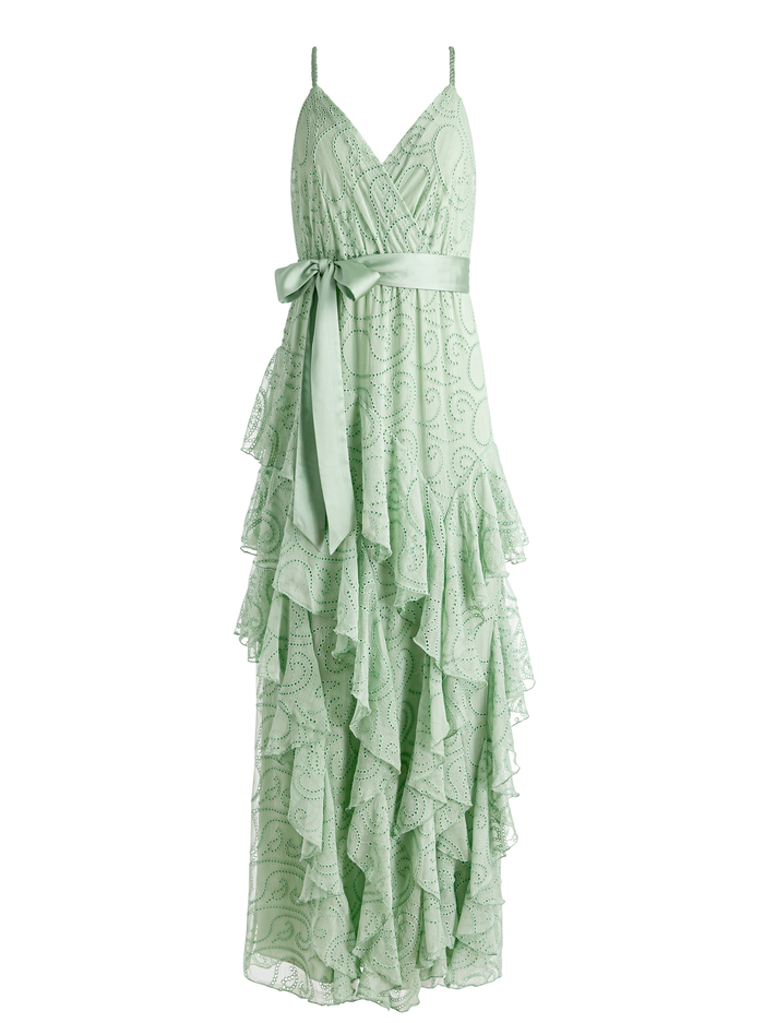 EMELIA V-NECK EYELET RUFFLE MAXI DRESS - GREEN TEA image 5 - Alice And Olivia