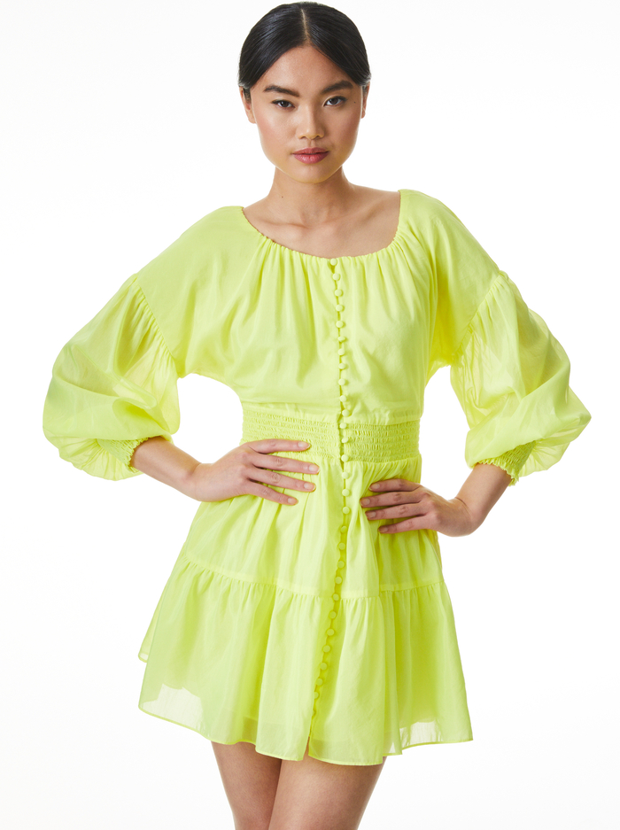 KIARA BUTTON FRONT MINI DRESS - NEON KEYLIME image 2 - Alice And Olivia