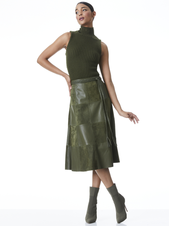SOSIE SUEDE PATCHWORK MIDI SKIRT - OLIVE image 4 - ALICE + OLIVIA