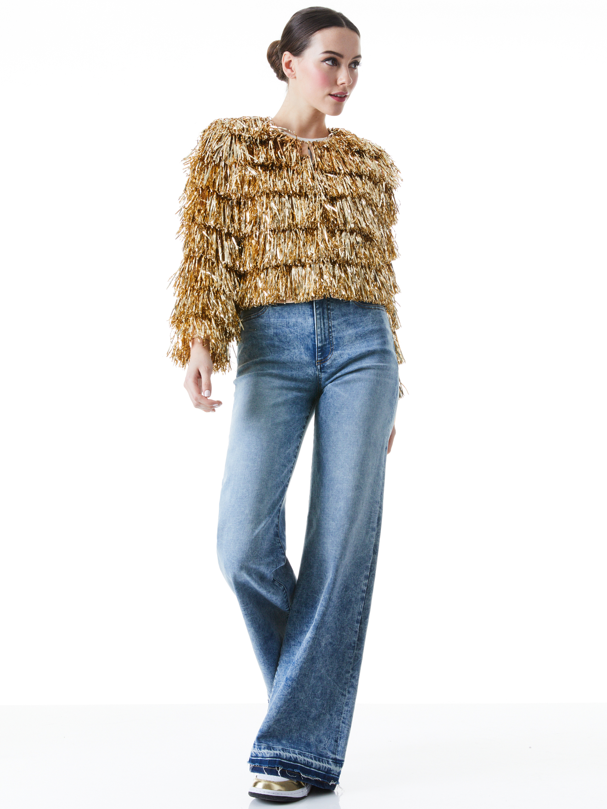 Fawn Fringe Tinsel Jacket In Gold Alice + Olivia