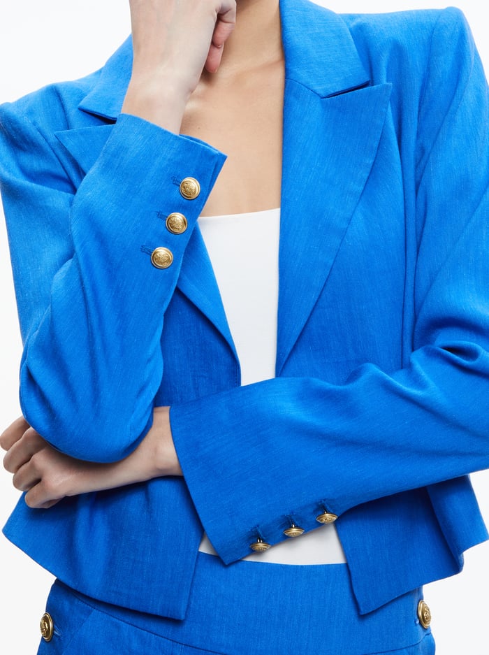 DENNY LINEN CROPPED NOTCH COLLAR BLAZER - SAPPHIRE image 3 - Alice And Olivia