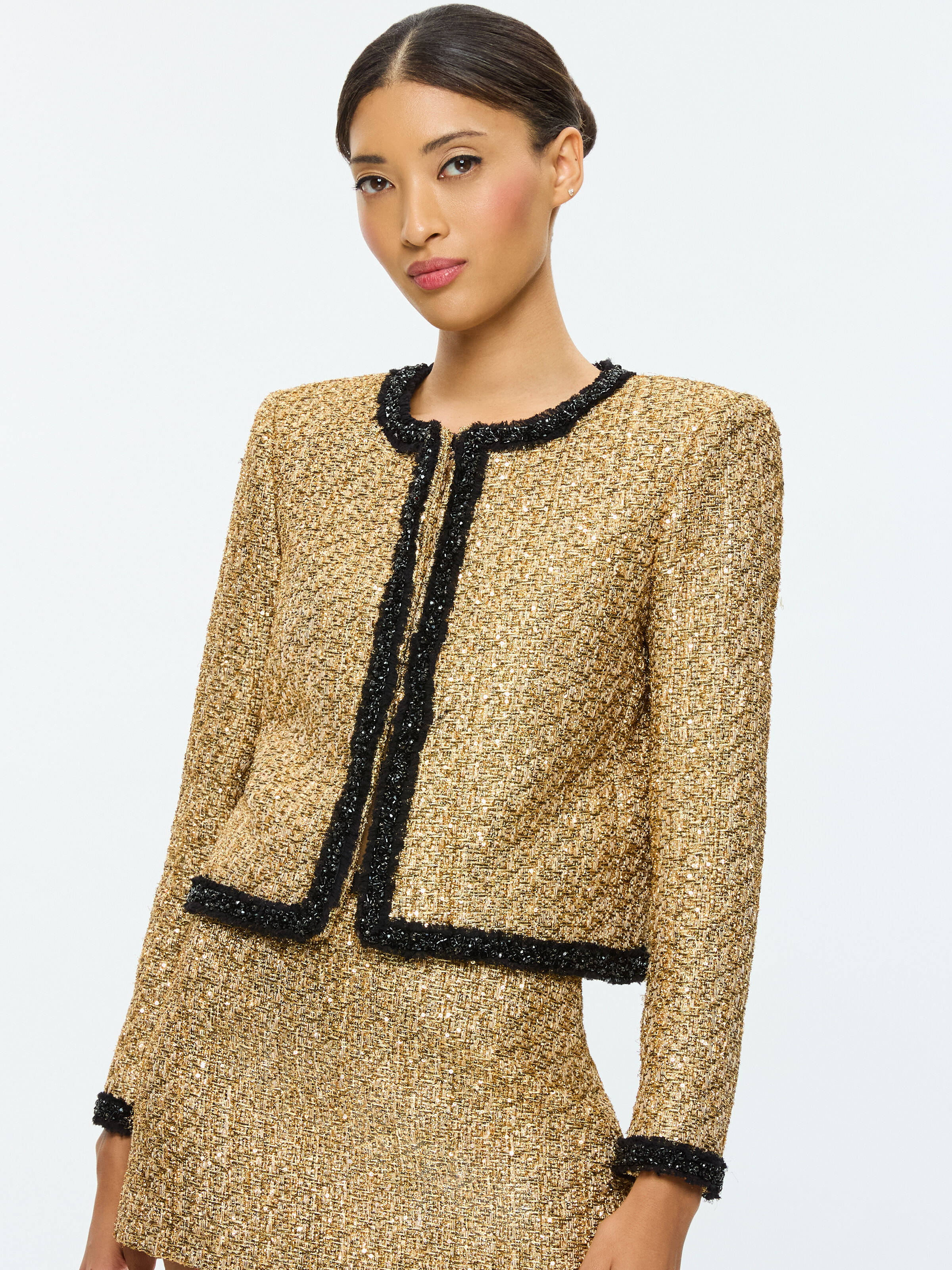 Landon Cropped Boxy Jacket With Embellished Trim In Gold Alice Olivia