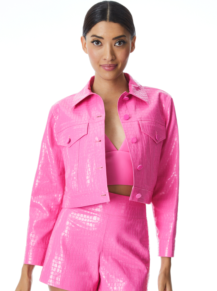 CHLOE VEGAN LEATHER CROC CROPPED JACKET - FRENCH ROSE - Alice And Olivia