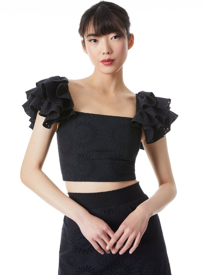 TAWNY EYELET SQUARE NECK RUFFLE CROP TOP - BLACK - Alice And Olivia