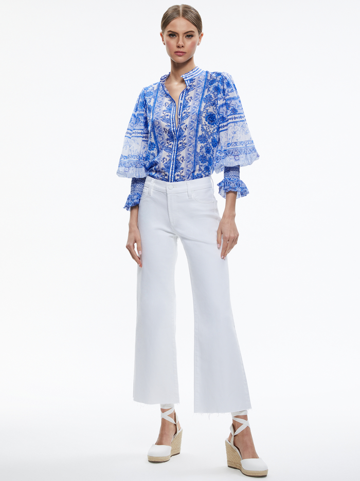 ILAN SMOCKED SLEEVE BUTTON FRONT BLOUSE - GREEK TILE image 2 - ALICE + OLIVIA
