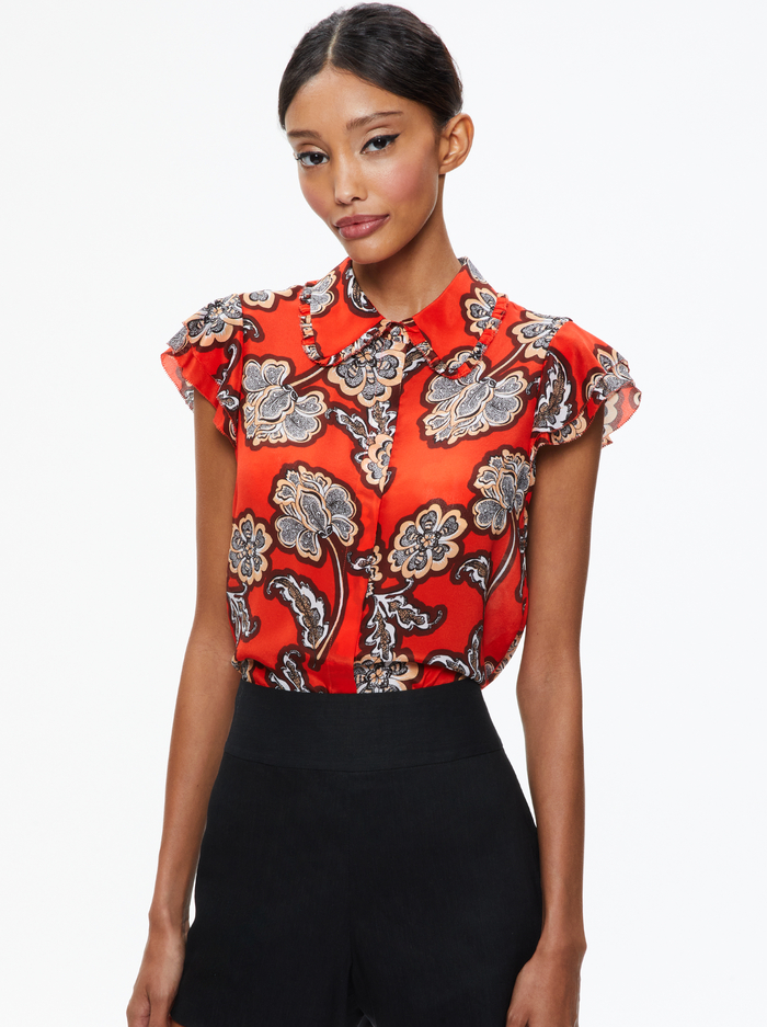 MARTEL FLUTTER SLEEVE BLOUSE - LANDMARK - Alice And Olivia