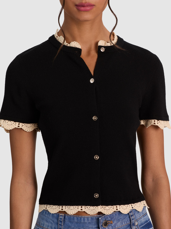 BLACK/NATURAL-CIARA LACE TRIM CARDIGAN