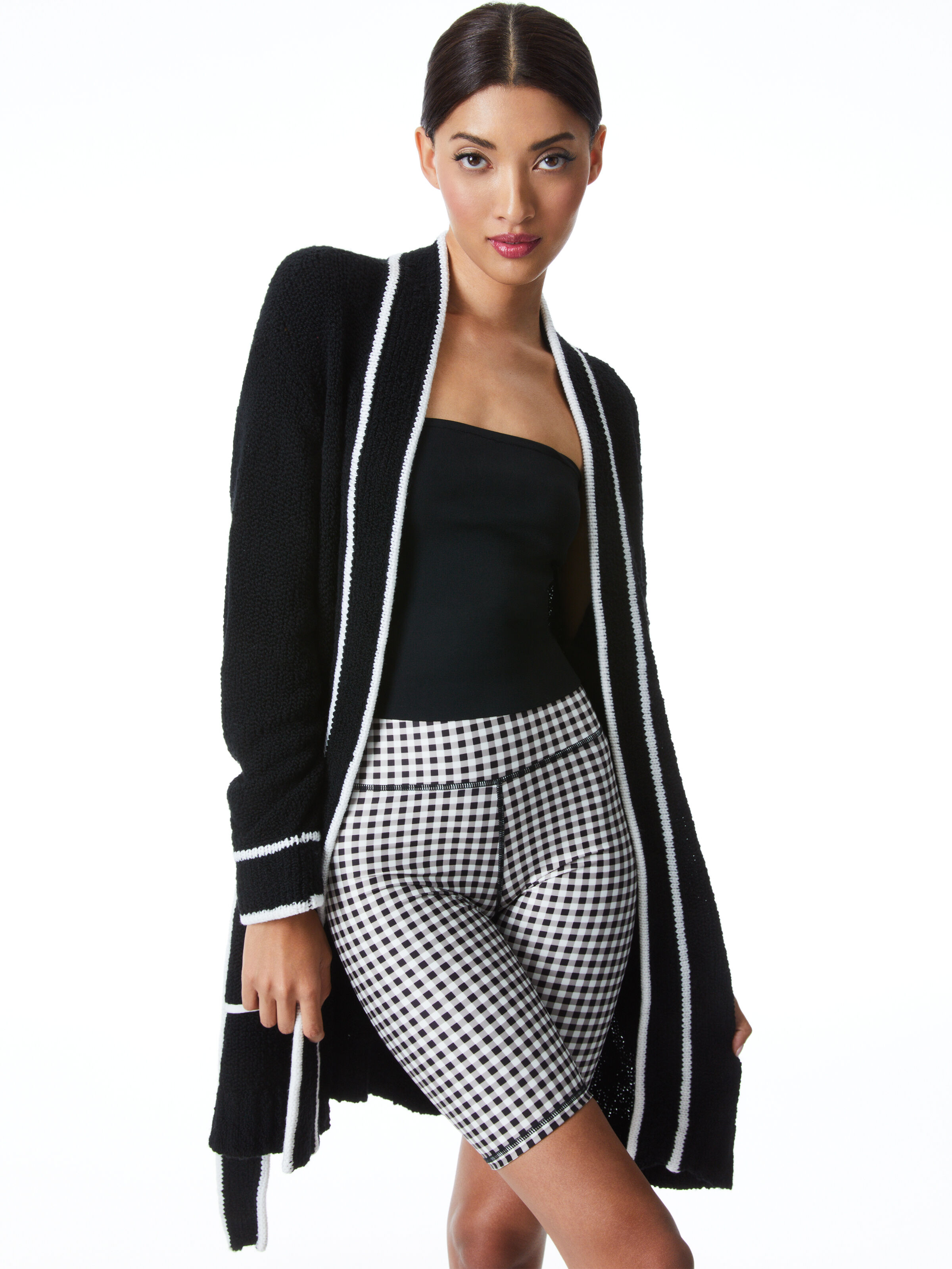 DORIA BELTED SWEATER ROBE in BLACK/WHITE | ALICE + OLIVIA
