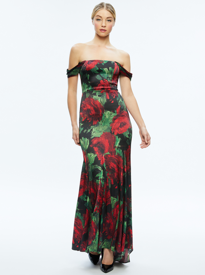 ARZA OFF SHOULDER MAXI DRESS - CLOUD FLORAL BORDEAUX LG - Alice And Olivia