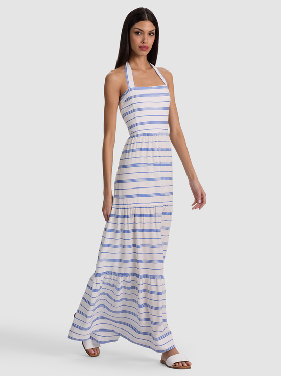 OFF WHITE/BLUE IRIS-SAIGE HALTER TIERED MIDI DRESS