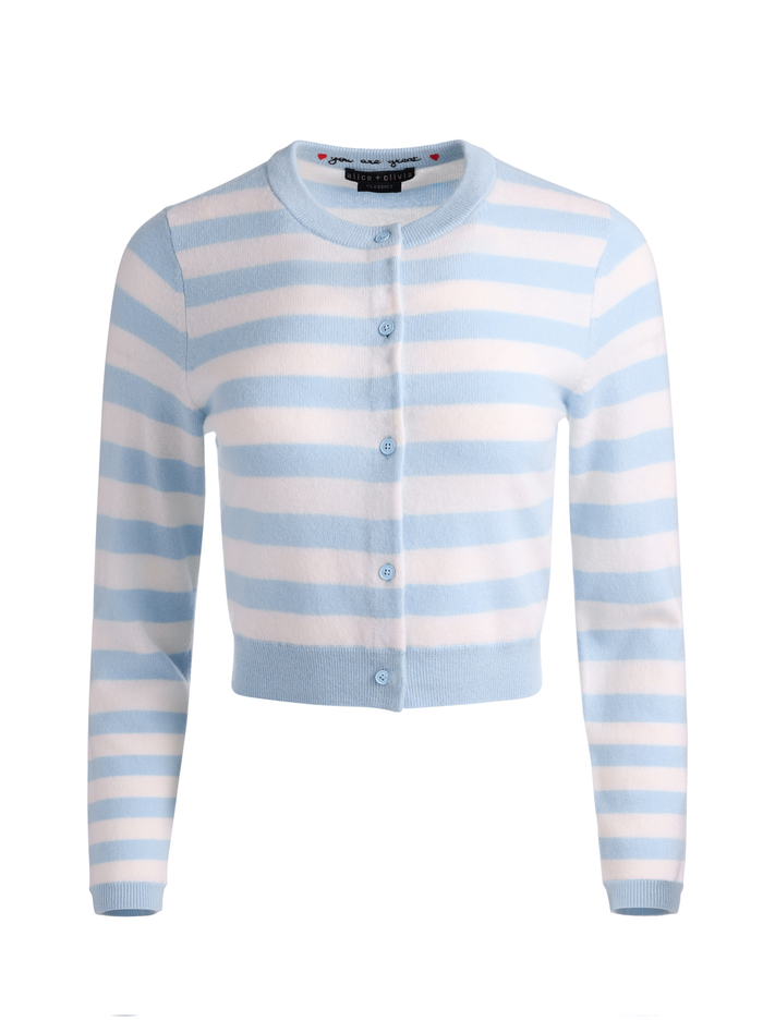 CAROLINA BLUE/ECRU-DOLLIE STRIPED CASHMERE CARDIGAN