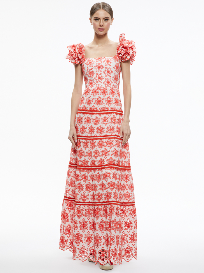 TAWNY EYELET SQUARE NECK MAXI DRESS - MULTI - Alice And Olivia