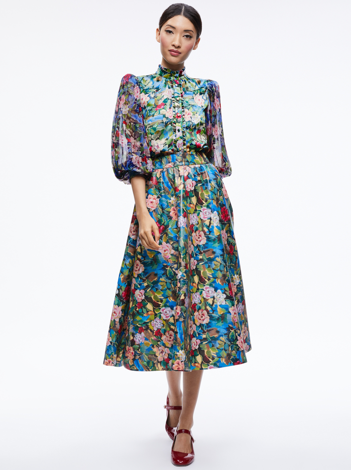 ILAN SMOCKED SLEEVE BUTTON FRONT BLOUSE - BREEZE FLORAL SM image 2 - Alice And Olivia