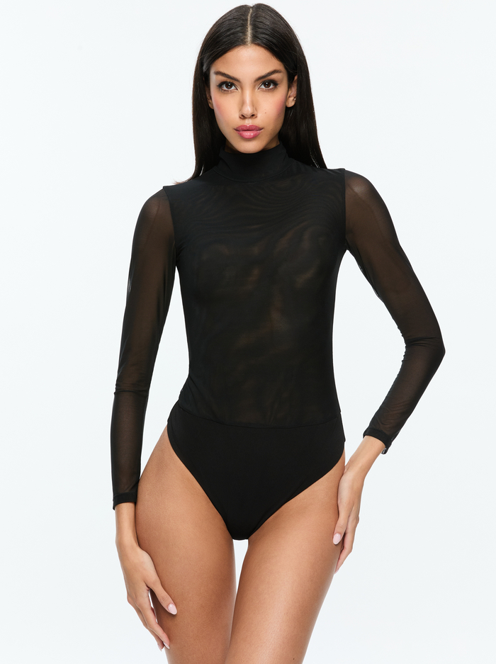 Black, XL) Women Mock Turtleneck Long Sleeve Thong Bodysuit T