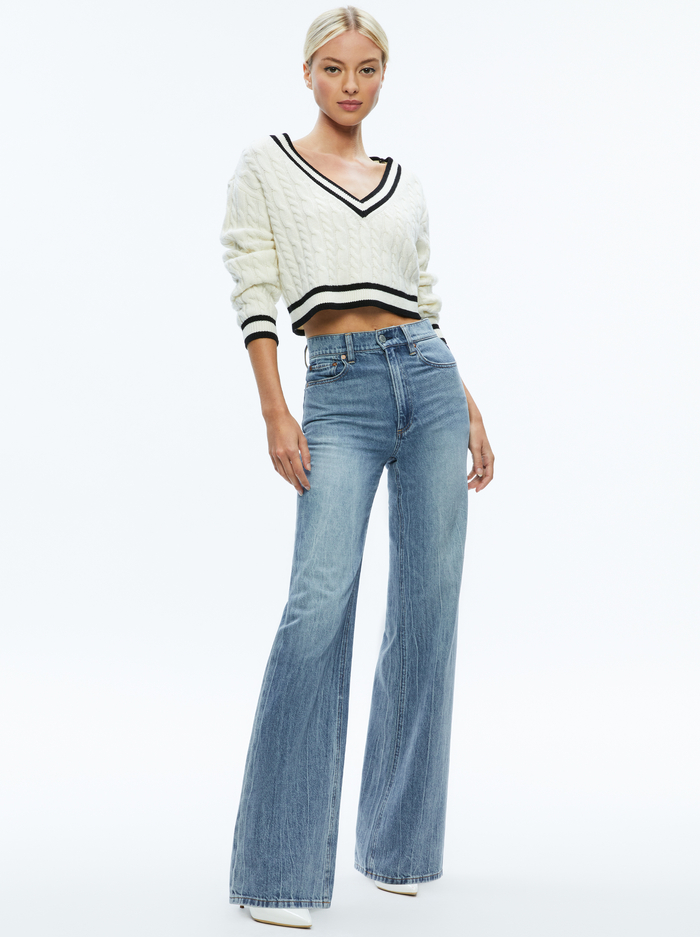 AYDEN CROPPED V-NECK PULLOVER - ECRU/BLACK image 2 - Alice And Olivia