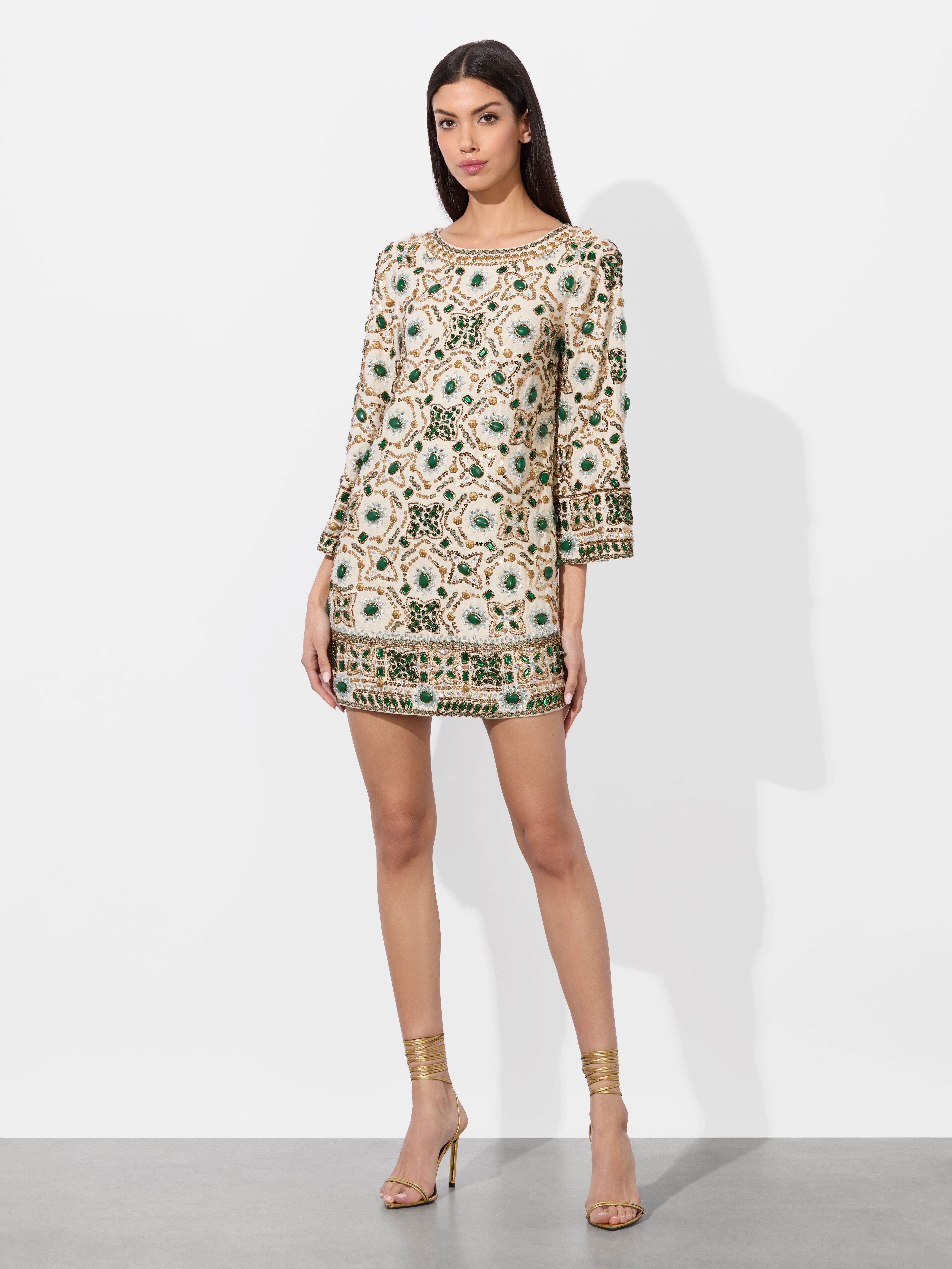 【Alice+Olivia】ELEONORA ビーズ チュニック ミニ丈 ドレス Eleonora Embellished Tunic Dress In Off White Multi | Alice