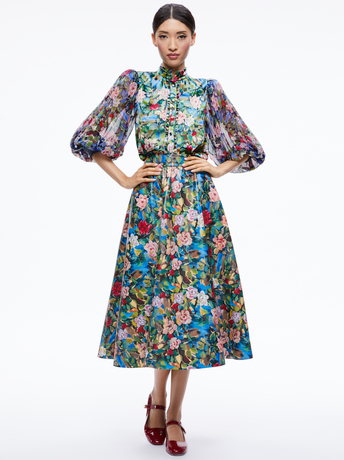 EARLA VEGAN LEATHER FLARE SKIRT + ILAN SMOCKED SLEEVE BUTTON FRONT BLOUSE