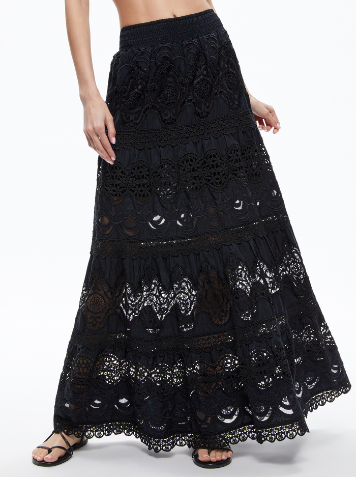 CALI EMBROIDERED TIERED MAXI SKIRT - BLACK - Alice And Olivia