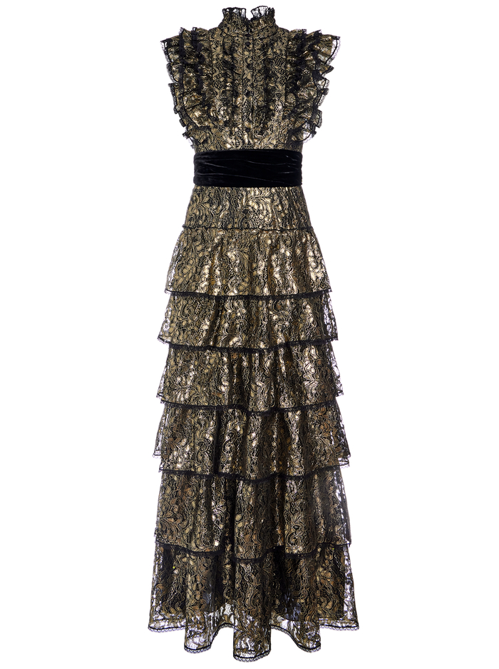 TAHARA RUFFLE SLEEVE TIERED MAXI DRESS - BLACK/GOLD image 5 - Alice And Olivia