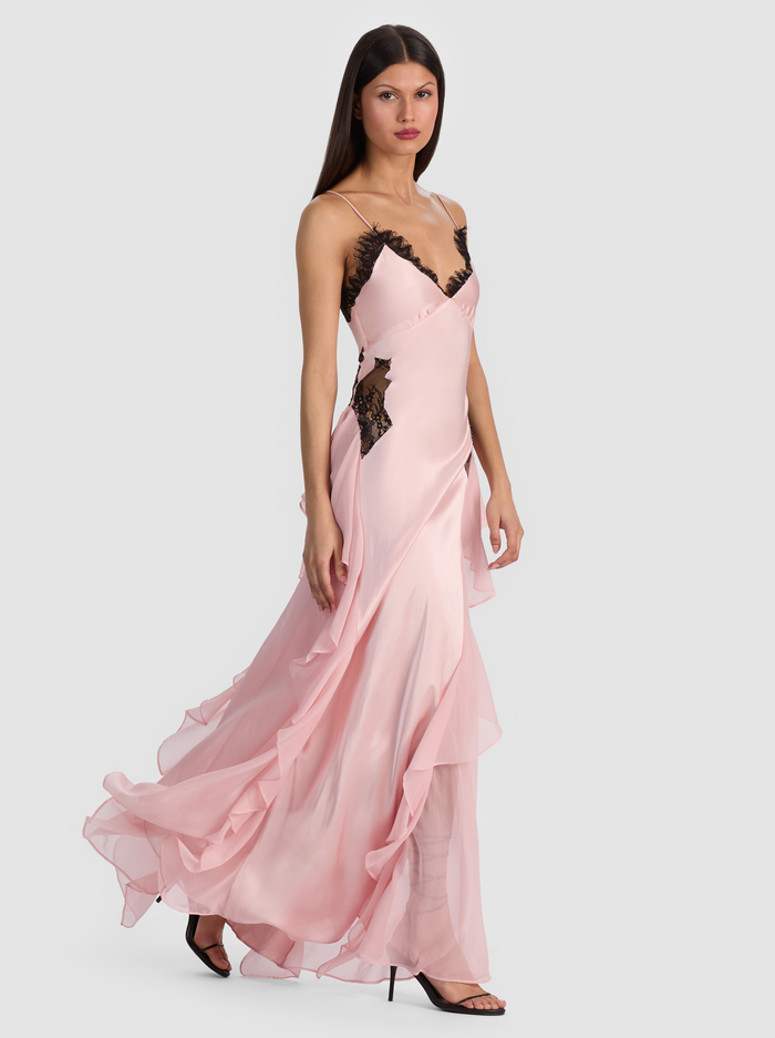 SHELBA RUFFLED GOWN - ENGLISH ROSE/BLACK - ALICE + OLIVIA