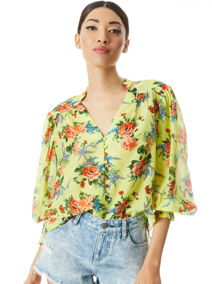 SERENA MANDARIN COLLAR BLOUSE - FLORAL EXPRESS LEMON SORBET - Alice And Olivia
