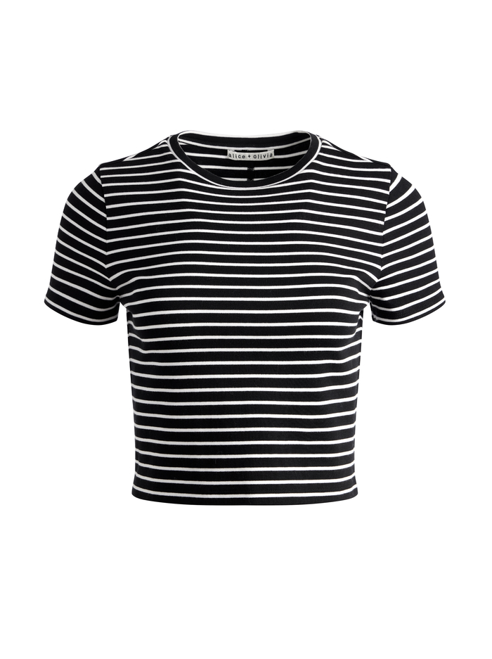 CINDY CROPPED TEE - BLACK/OFF WHITE STRIPE image 5 - Alice And Olivia