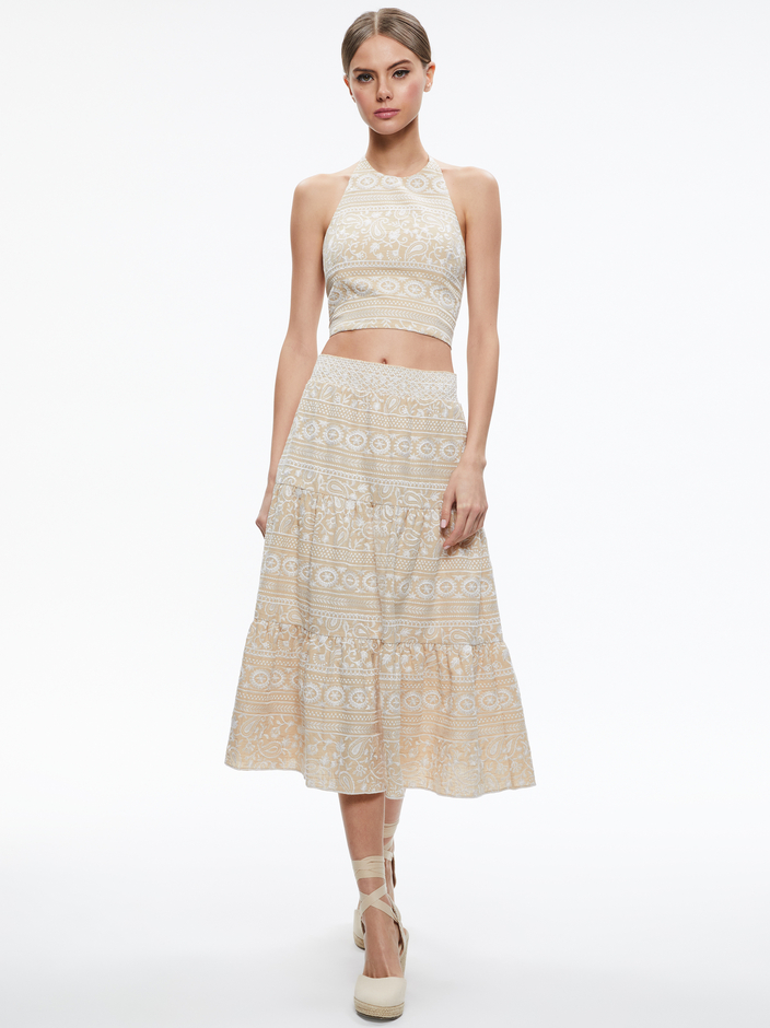 JAYMEE TIE NECK CROPPED HALTER TOP + REISE TIERED MIDI SKIRT - 