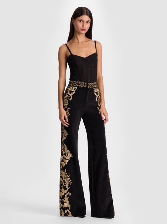 BLACK/GOLD-DYLAN EMBROIDERED VELVET PANT