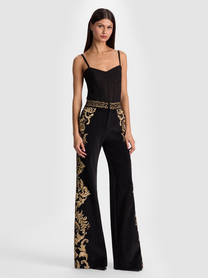 BLACK/GOLD-DYLAN EMBROIDERED VELVET PANT