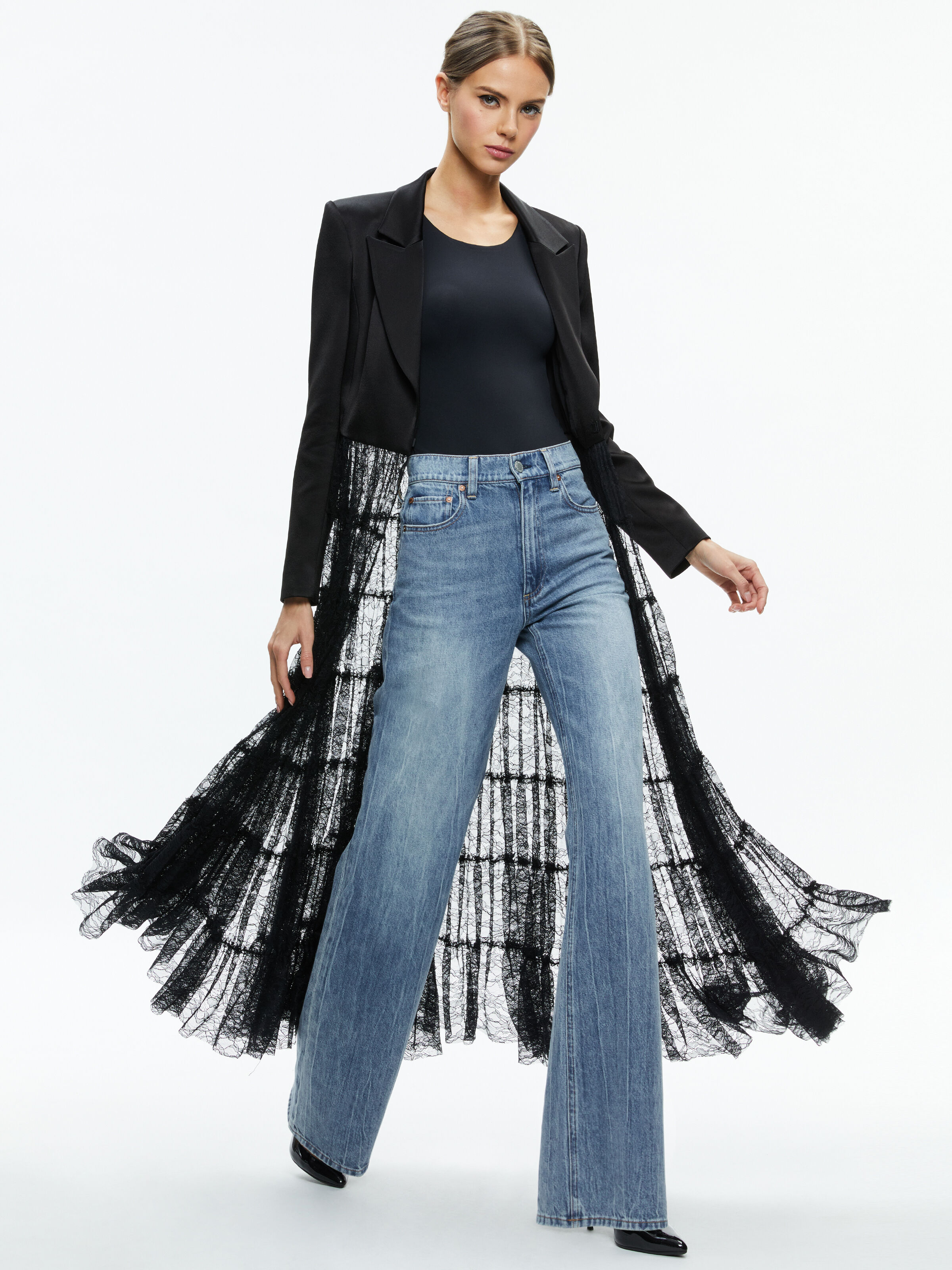Everly Drama Lace Maxi Blazer In Black Alice And Olivia