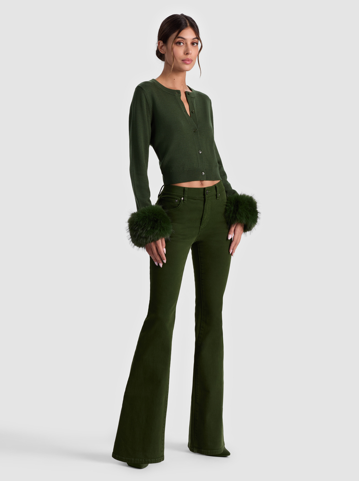 DOLLIE FAUX FUR CUFF CARDIGAN - DARK OLIVE image 1 - Alice And Olivia