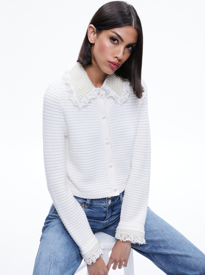 NOELLA EMBELLISHED COLLARED CARDIGAN - SOFT WHITE - Alice And Olivia