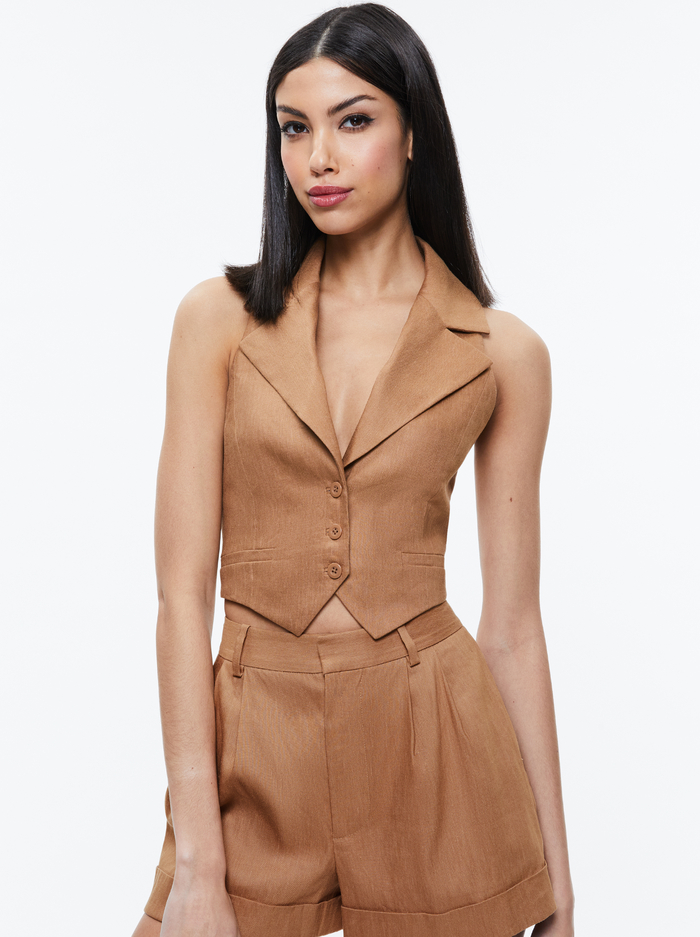 DONNA LINEN VEST - TAN - Alice And Olivia