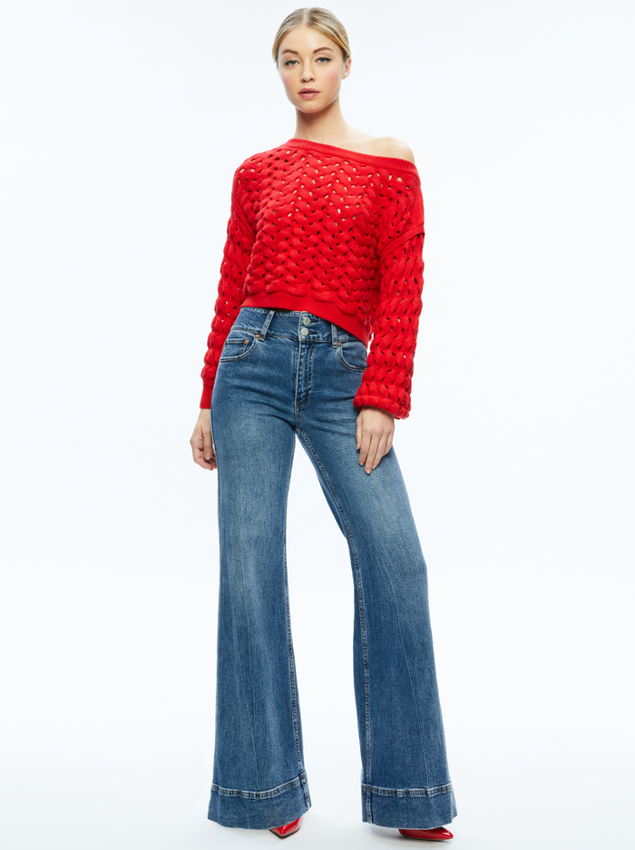 ALLENE CABLE KNIT CREWNECK - BRIGHT RUBY image 2 - Alice And Olivia