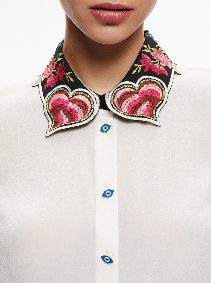 WILLA EMBROIDERED COLLAR PLACKET TOP - ECRU image 3 - Alice And Olivia