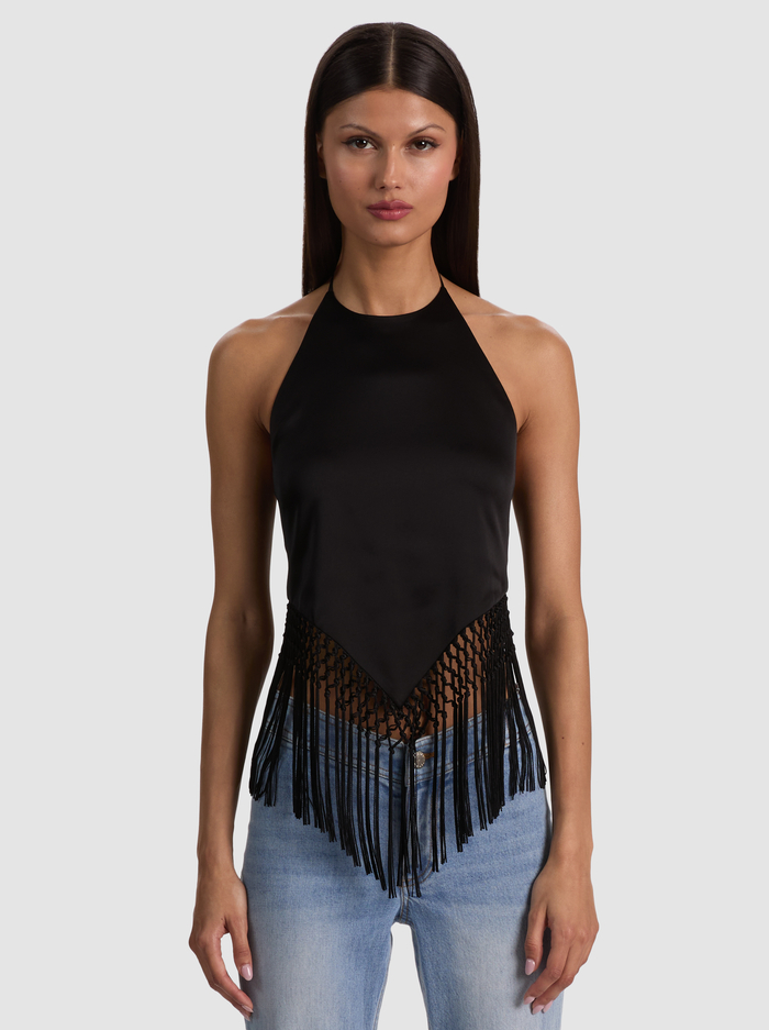 GRETA HANDKERCHIEF FRINGE TOP - BLACK - ALICE + OLIVIA