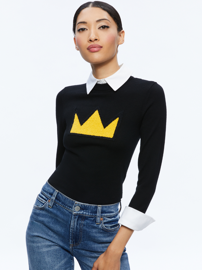 A+O X BASQUIAT PORLA COLLARED SWEATER - BLACK - Alice And Olivia