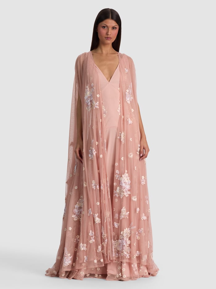 AZRIELLA EMBROIDERED MAXI GOWN CAPE - DEEP PEARL BLUSH MULTI - ALICE + OLIVIA