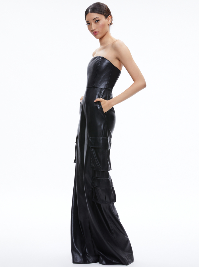 EMELDA CARGO VEGAN LEATHER JUMPSUIT - BLACK image 2 - Alice And Olivia